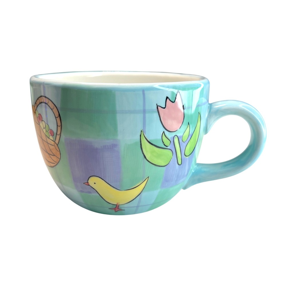 Hand-painted Spring Bird Tulip Plaid Ceramic Coffee Mug Brushes KJC Gingham